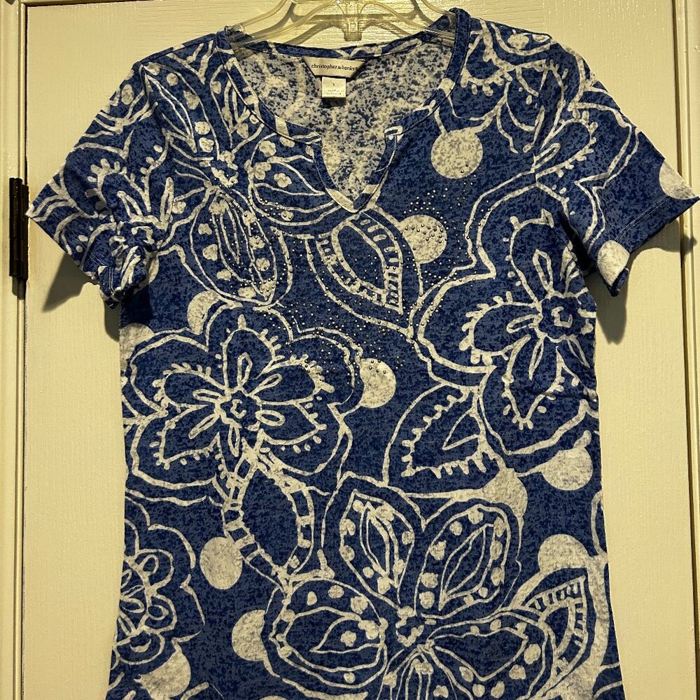 Christopher & Banks Blue/White Short Sleeve Top Size Small